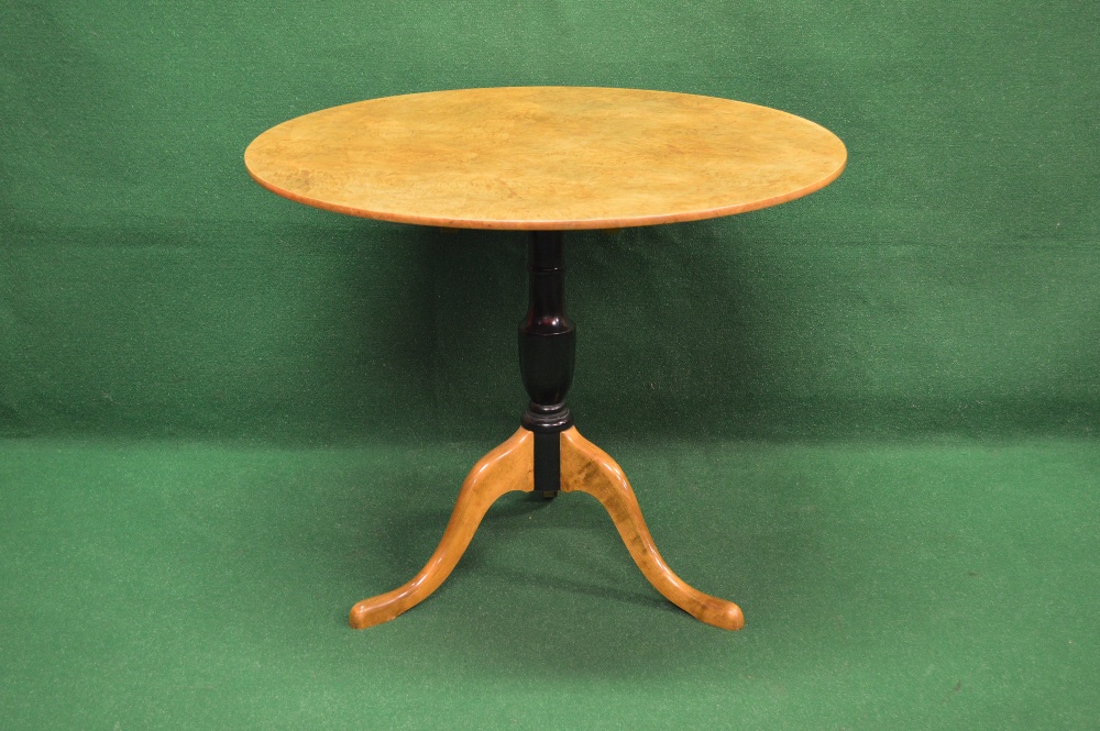 Biedermier style gold birch tip top centre table having circular top supported on urn shaped column