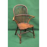 Yew wood and elm Windsor chair having yew wood comb back and arms leading to solid elm seat,