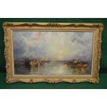 Shuster (?) late 19th/early 20th century oil on canvas having fishing boats on the water in the