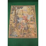 20th century tapestry wall hanging of a hunting scene by a waters edge with hillside in the