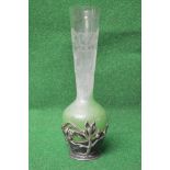 Floral engraved glass vase having tapering clear glass neck leading to a green glass bulbous body