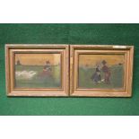 Pair of unsigned oil on canvas of Dutch scenes featuring children and geese - in unglazed gilt