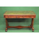 Mahogany two drawer library table having green leather insert top over two drawers with turned knob