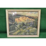 Mary O'Neill, 1938 oil on canvas of buildings on a hillside with rocky terrain in the foreground,