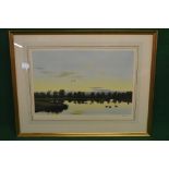 Peter Scott, print of ducks on a lake in the foreground with ducks in flight over trees beyond,