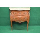 Marble topped Kingwood bombe chest of two drawers having ormolu mounts and marquetry inlay,