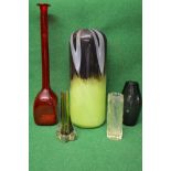 Group of five glass vases to include: red Holmeguaard bottle vase,