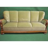 Dutch three piece suite having show wood oak frame with green upholstery,