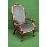 Victorian rosewood framed open armchair having padded back supported by shaped moulded uprights