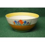 Clarice Cliff Crocus pattern bowl having traditional cream ground with yellow border to inside and