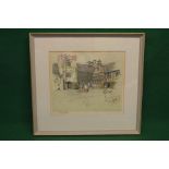 Cecil Aldin, coloured print of a courtyard scene with maid and dog in the foreground,