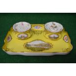 Meissen porcelain desk stand to include: lidded ink well and cendrier having a yellow ground with