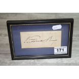 Framed signature of Queen Victorian signed Victoria Reg, dimensions approximately 5cm x 11cm