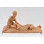 Large Terracotta model of a Nude female with Afghan Hound type dog in art deco style with