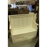 White Painted Hall Bench / Settle with Two Cupboard Doors to Base, 126cms long x 122cms high