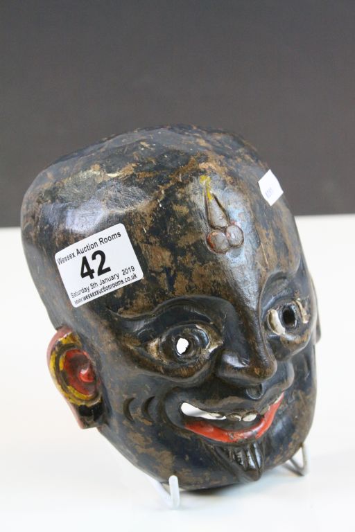 Chinese Wooden Child's Mask with painted finish and Wax export seal to verso