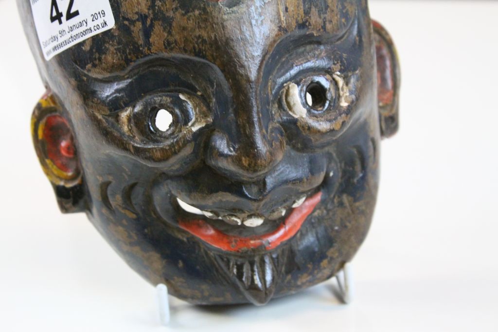 Chinese Wooden Child's Mask with painted finish and Wax export seal to verso - Image 2 of 3