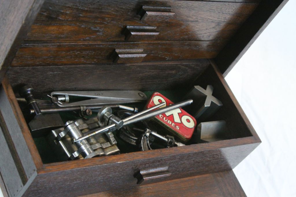 Vintage Engineers wooden Tool box with a variety of Tools and key for the Lock - Image 2 of 12