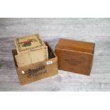 Two vintage Wooden Advertising boxes to include Stuart Crystal & Mimosa Tea, plus a Cardboard
