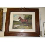 Dark Wood Framed Oil Painting of a Chestnut Horse in a Meadow