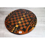 Hand Made Fruit Wood Two Sided Chess Board Tray, one side decorated with a large bird and the