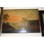 Unframed 19th Century Oil on panel of a Country scene with Ruins in backgrpund