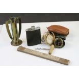Mixed Lot to including Hip Flask, Travelling Alarm Clock, Corkscrew, Trench Art Style Brass Vase,