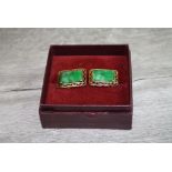 Pair of Chinese jade 18ct yellow gold bar and post cufflinks, rectangular cut jade panels