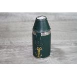 Stainless Steel Hip Flask and Two Stirrup Cup Set contained in a Green Leather Case featuring a