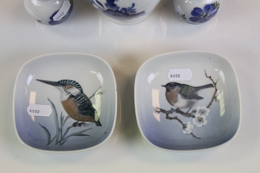 Royal Copenhagen Porcelain - 17cm Vase, Pair of Miniature Vases and Two Pin Dishes, Kingfisher and - Image 3 of 7