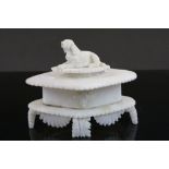 19th century White Alabaster Box surmounted by a Spaniel Dog