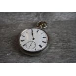 Silver open faced top wind pocket watch, white enamel dial and subsidiary dial, black Roman
