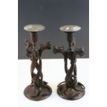 Pair of Chinese Alter Candlesticks of Three Dragons entwined with Ruby Red Glass Eyes