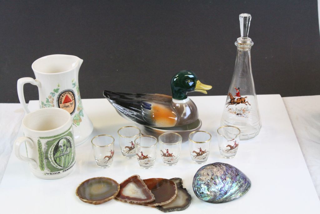 Mixed Lot including Agate Slices, Hunting Glass Decanter and Shot Glasses, Duck Ceramic Egg