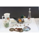 Mixed Lot including Agate Slices, Hunting Glass Decanter and Shot Glasses, Duck Ceramic Egg