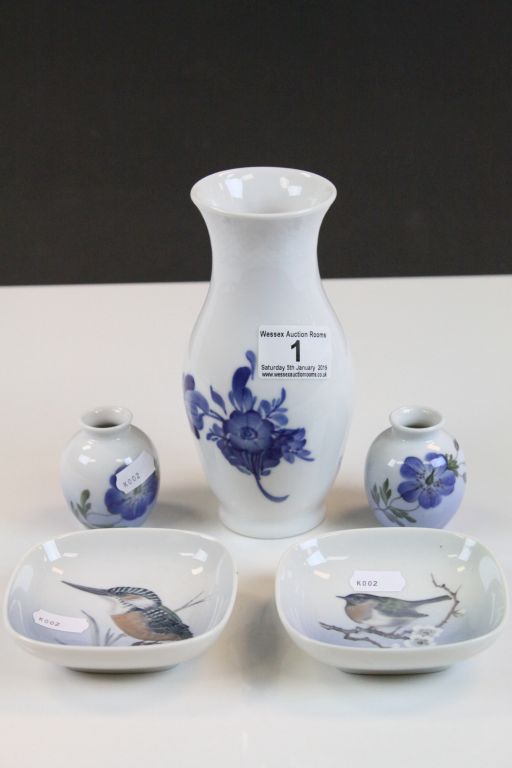 Royal Copenhagen Porcelain - 17cm Vase, Pair of Miniature Vases and Two Pin Dishes, Kingfisher and