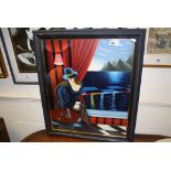 Framed Oil Painting of a Lady seated in an Art Deco Bar