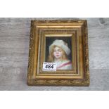 Gilt Framed Oil Painting Miniature Portrait of a Girl in Soft Brimmed Hat