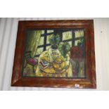 Studio Framed Oil Painting Impressionist Still Life Flower Vase in a Summer House Setting