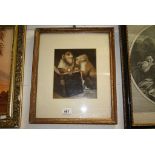 Gilt Framed Oil Painting Study of Two Monkeys holding an Open Book