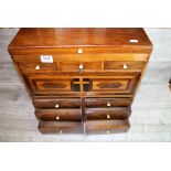 Antique mixed wood Religious bank of Collectors type drawers with hinged lid and fold down Icon