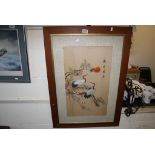 Oriental framed silk of two crane birds in a tree, signed