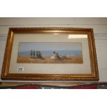 Gilt Framed Oil Painting of a Beach Scene with figures gathering