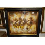 Ebonised Framed Equine Oil Painting of Horse Race Jockeys at Full Gallop, signed