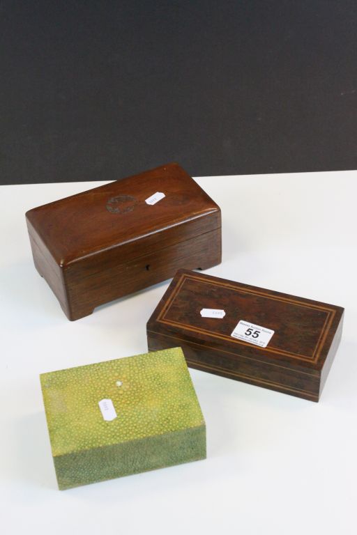 Three vintage wooden boxes to include a Shagreen effect Cigarette box, Burr Walnut etc