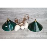 Pair of vintage Ceramic fitting pulley lights with green Glass shades