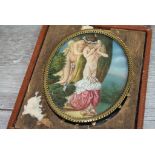 Hand painted miniature depicting nude male and female with leather case