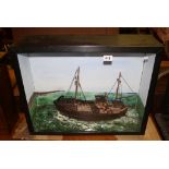 Cased and Painted Wooden Model of a Fishing Trawler