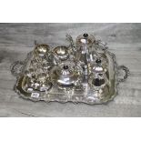Six piece Silver plated Tea service, twin handled Tray and an Egg cup set with spoons