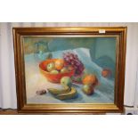 Oil on Board, Still Life Study of Various Fruits in a Setting with Ceramic Ware